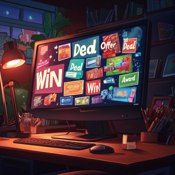A large computer monitor on a desk at night displays a screen filled with various pop-up ads and banners offering "Deal," "Offer," "Win," and "Award," alongside images of products and gifts.